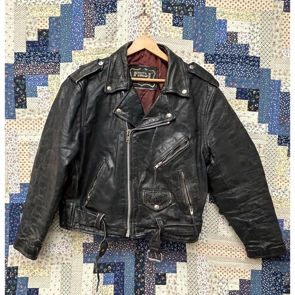 Vintage First Genuine Leather Biker‎ Shell Jacket Motorcycle Punk